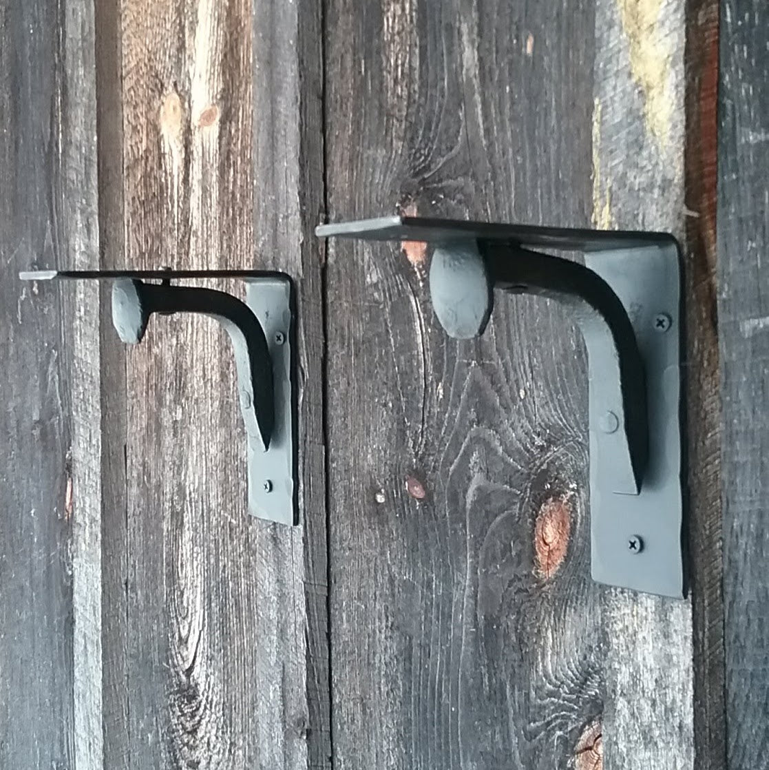 Set of 2 Hand Forged Blacksmith Made Wall Shelf Brackets Made with Real Railroad Spikes- heavy duty for books and more!