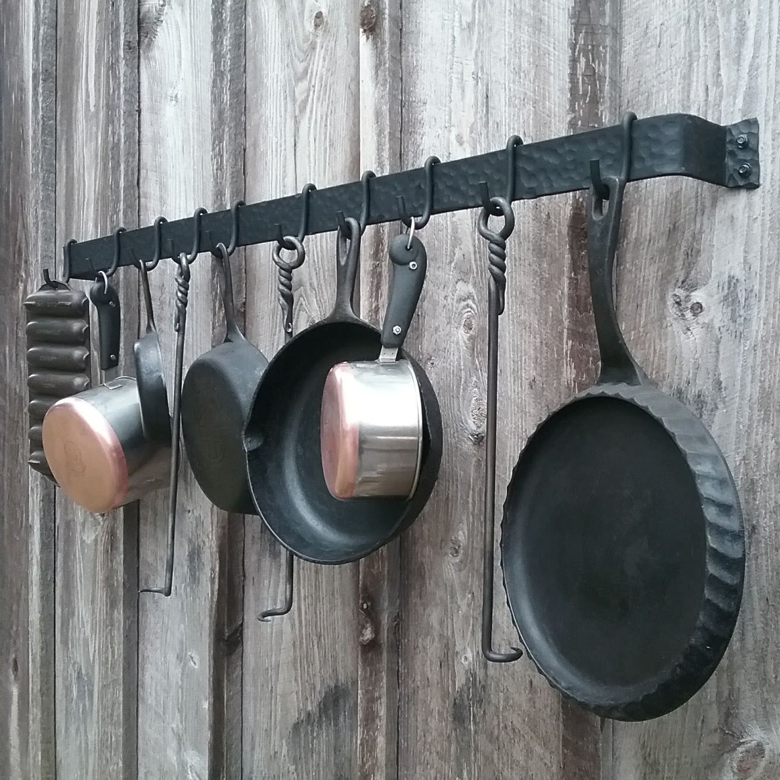 thumbnail image 2 of 21 Inch Handmade Wrought Iron Wall Mounted Pot Rack & Utensil Hanger - Black, Medium Size 2 of 5