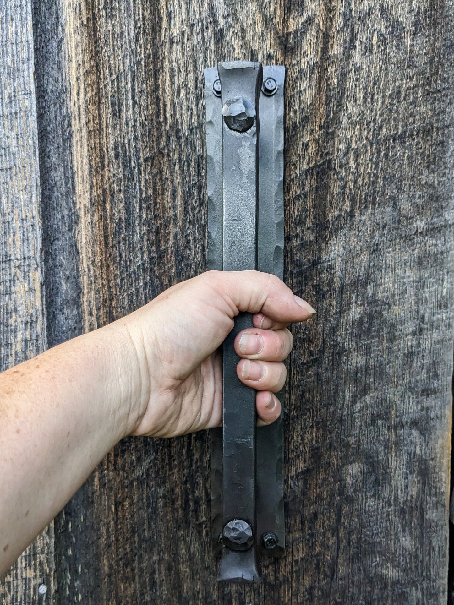 Large Blacksmith Made Door Pulls on Backplate