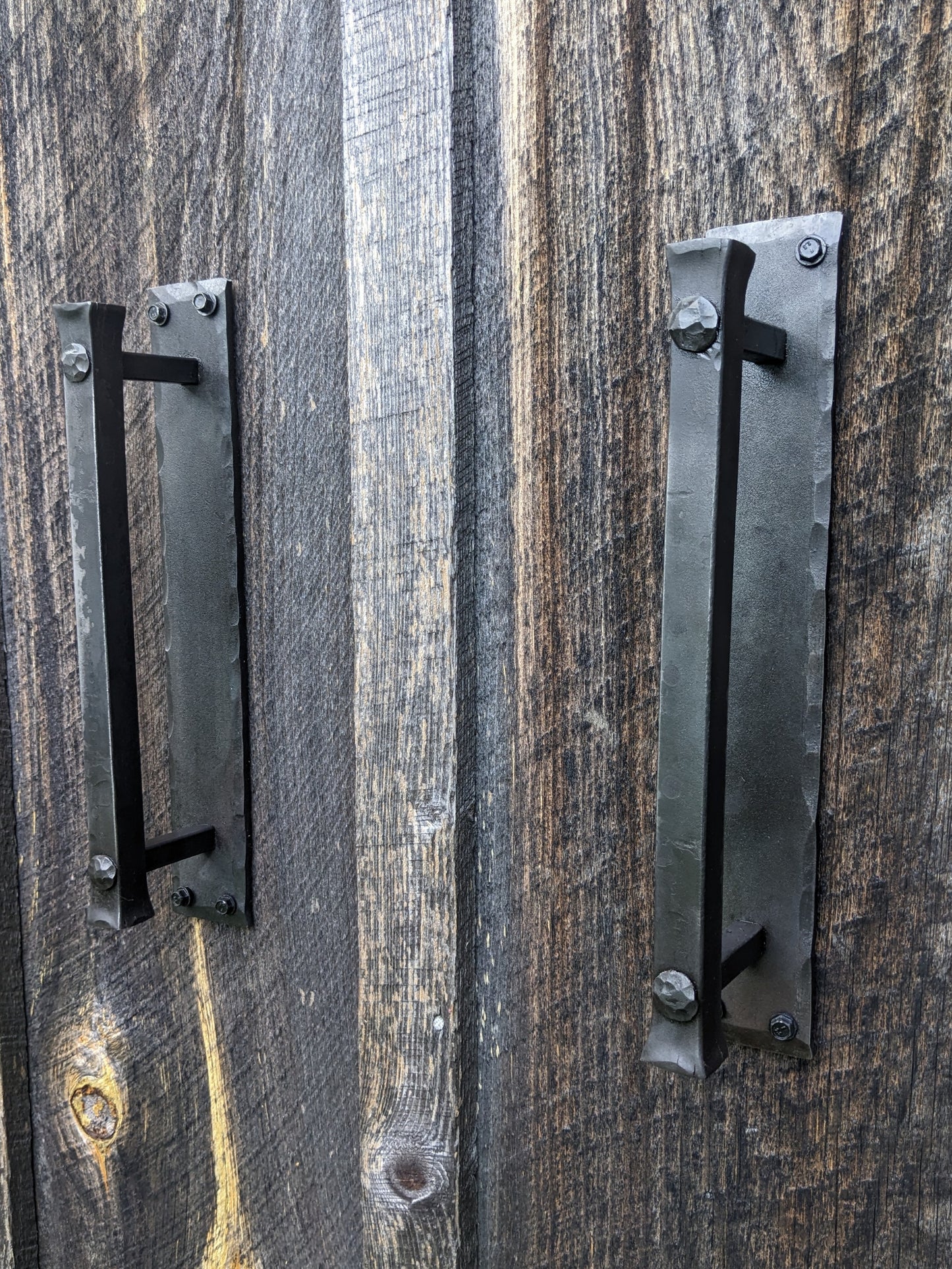 Large Blacksmith Made Door Pulls on Backplate