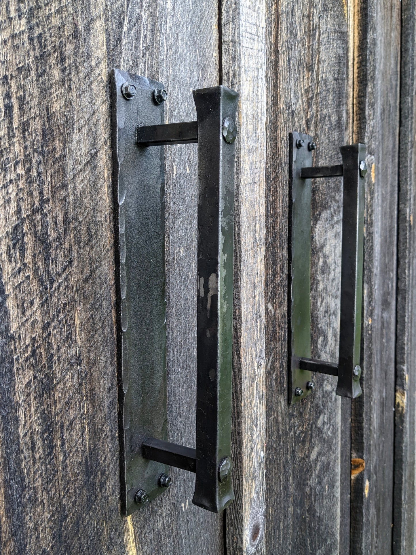 Large Blacksmith Made Door Pulls on Backplate