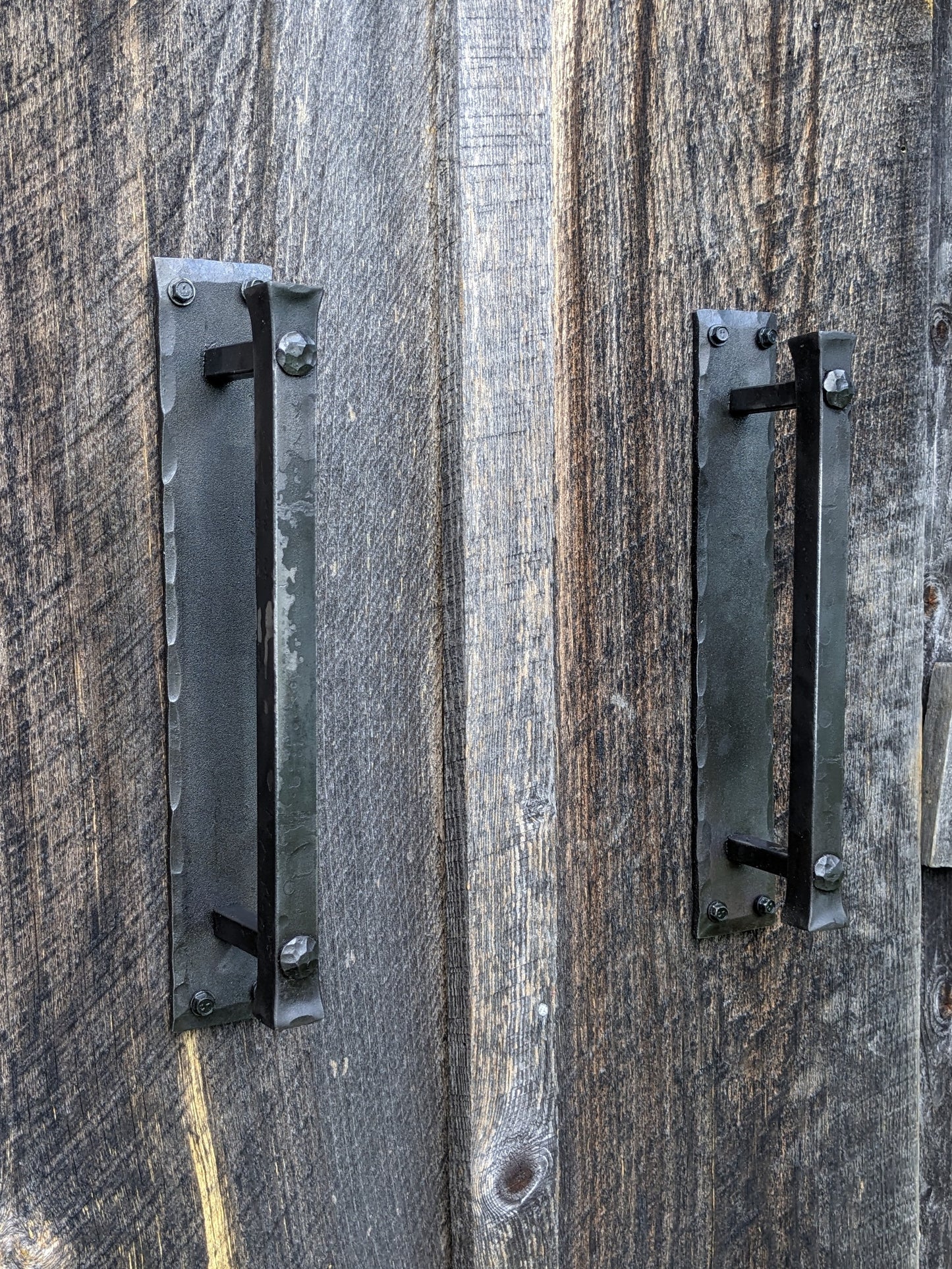 Large Blacksmith Made Door Pulls on Backplate