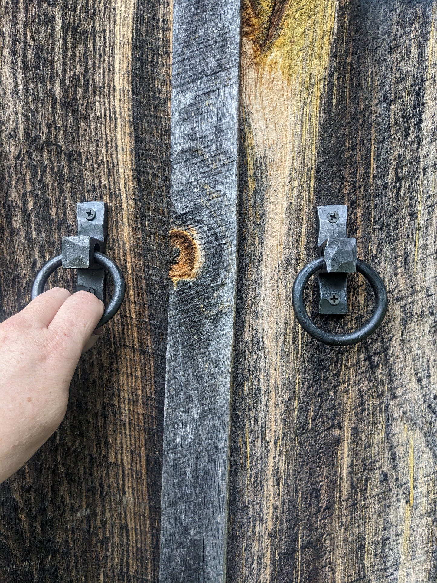 Set of Two Small Hand Forged Ring Handles or Door Pulls