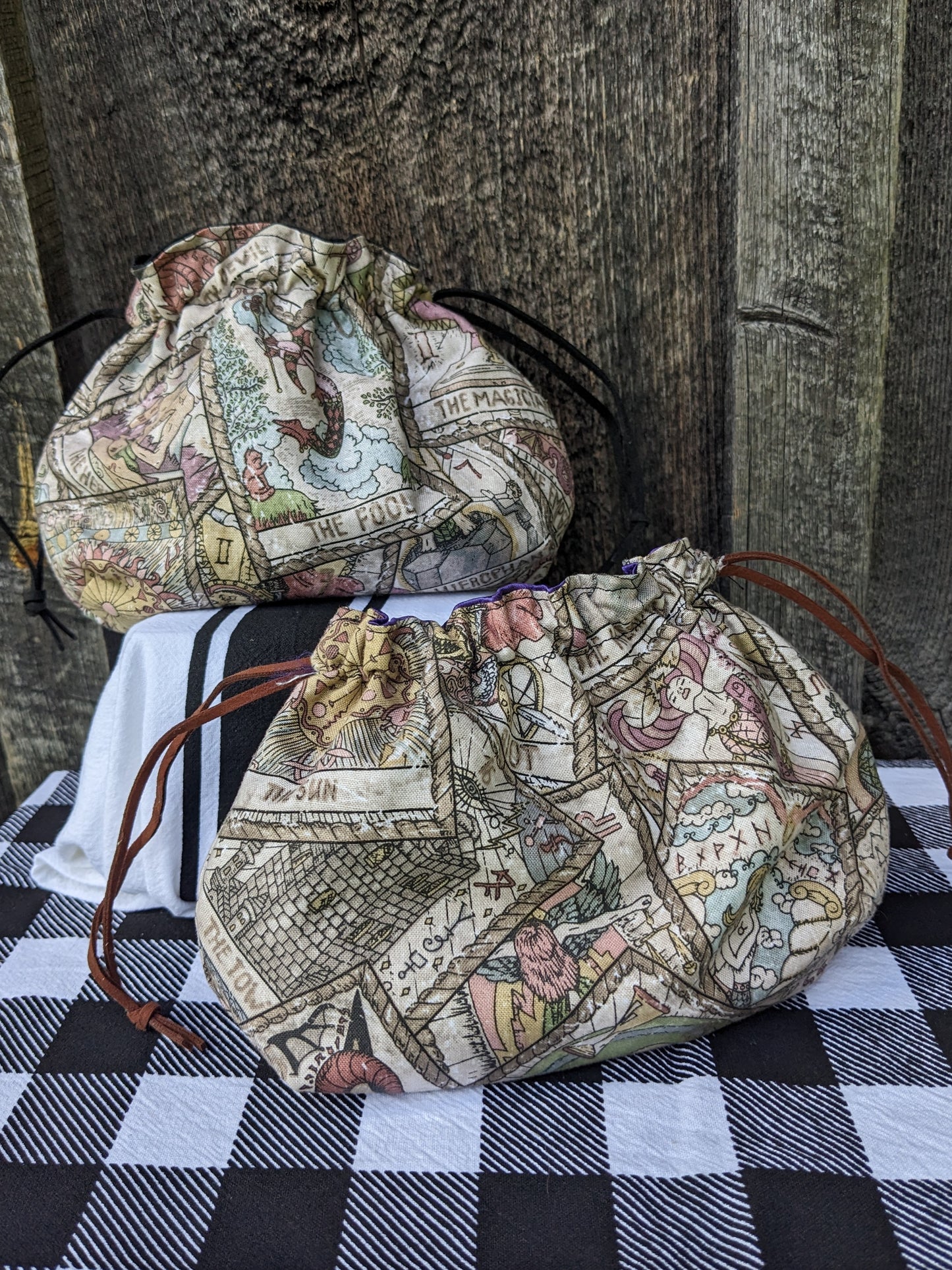 Tarot Card Print Clutch Purse. Handmade Drawstring Bag