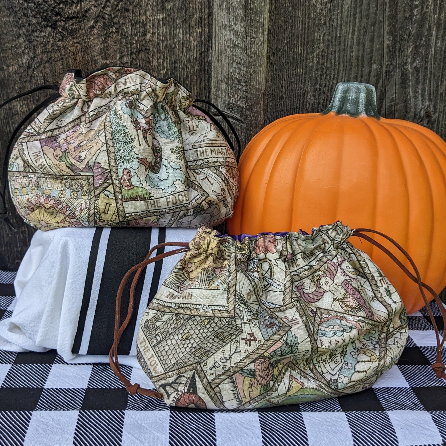 Tarot Card Print Clutch Purse. Handmade Drawstring Bag