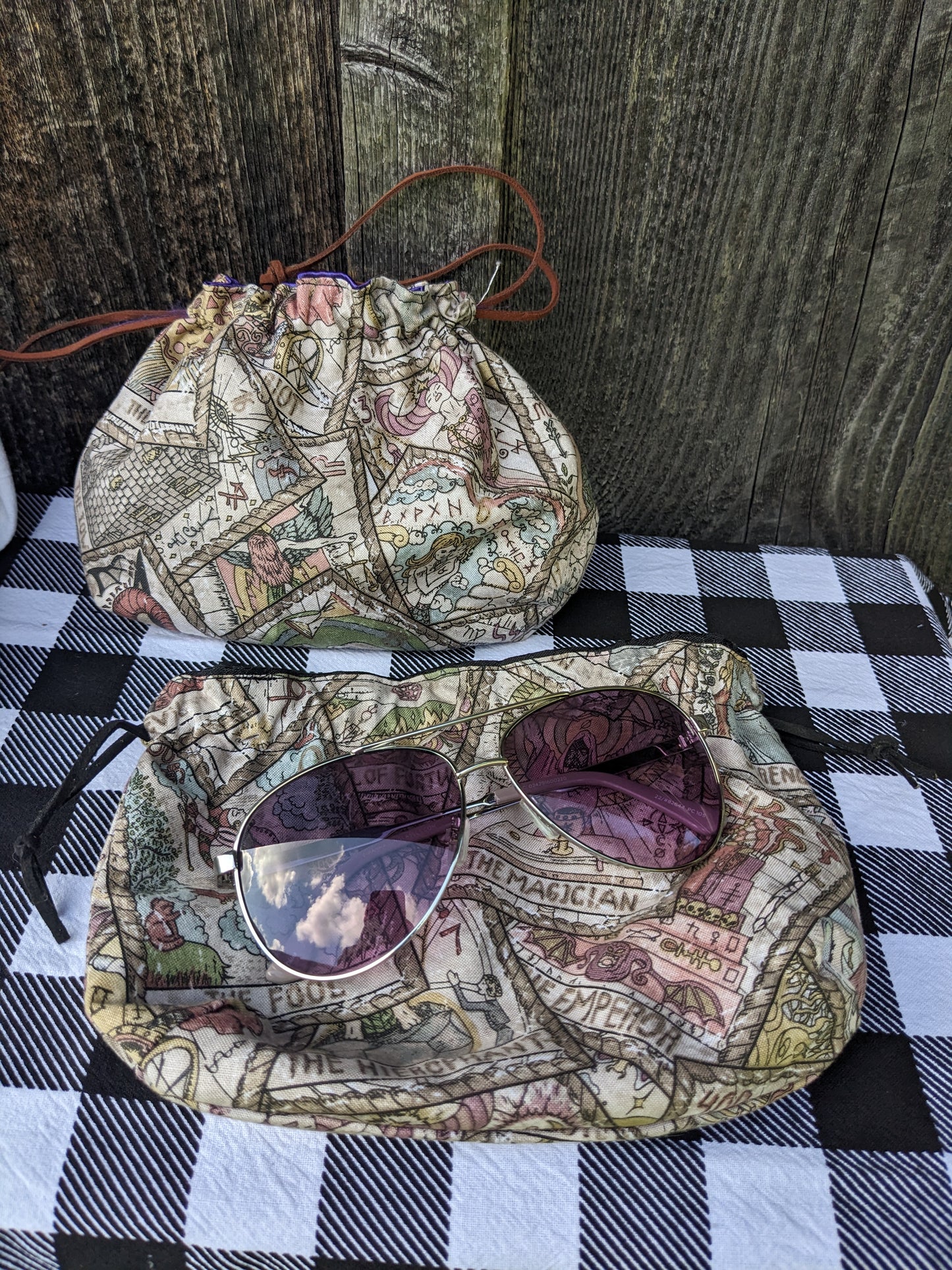 Tarot Card Print Clutch Purse. Handmade Drawstring Bag