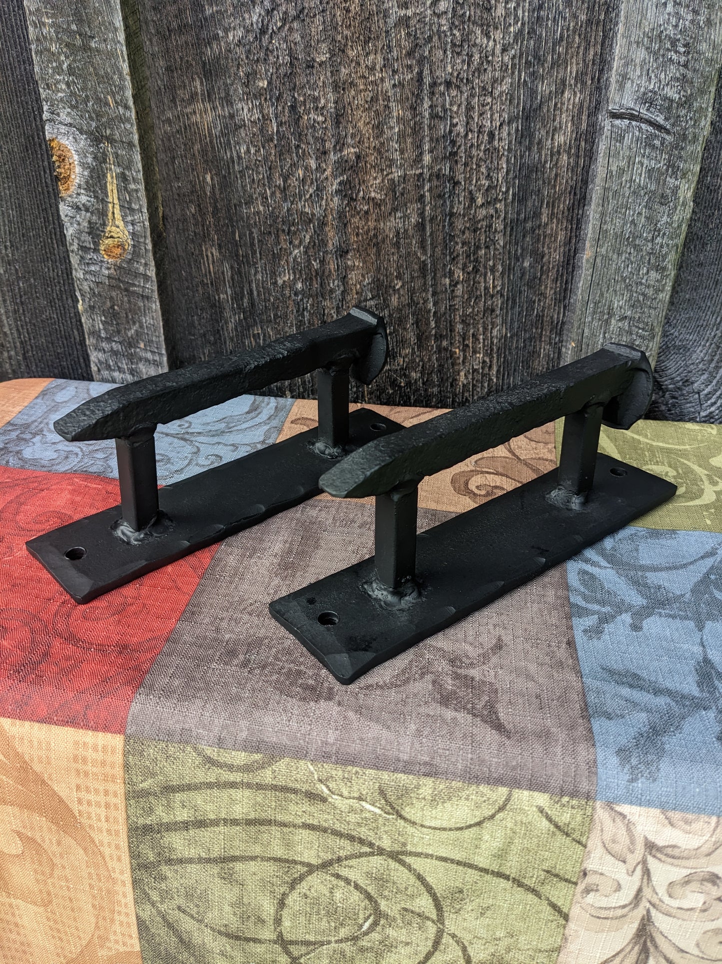 Hand Forged Railroad Spike Door Pulls on Sturdy Backplate