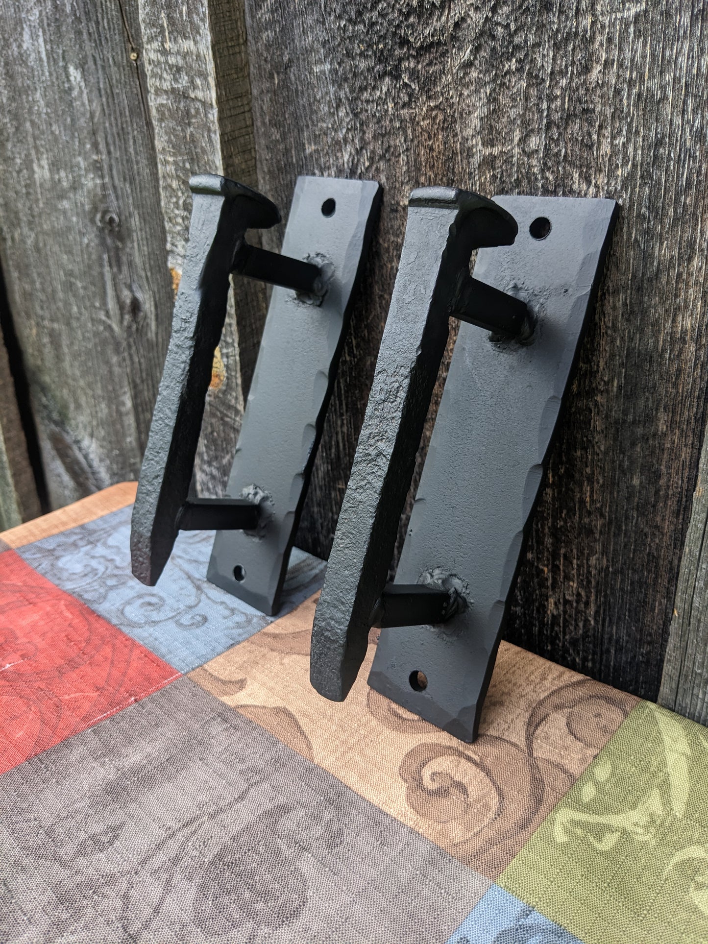 Hand Forged Railroad Spike Door Pulls on Sturdy Backplate