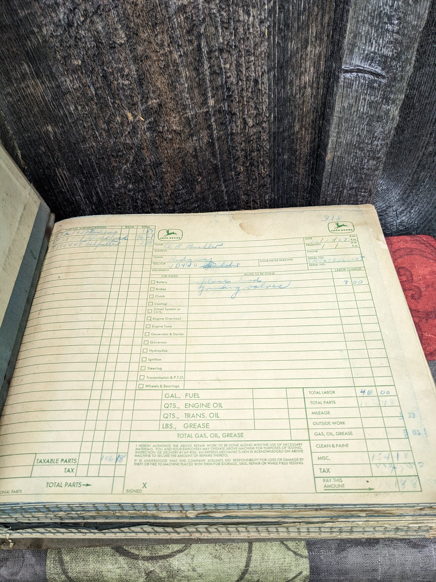 John Deere Tractor Repair Receipt Book from the 1960's