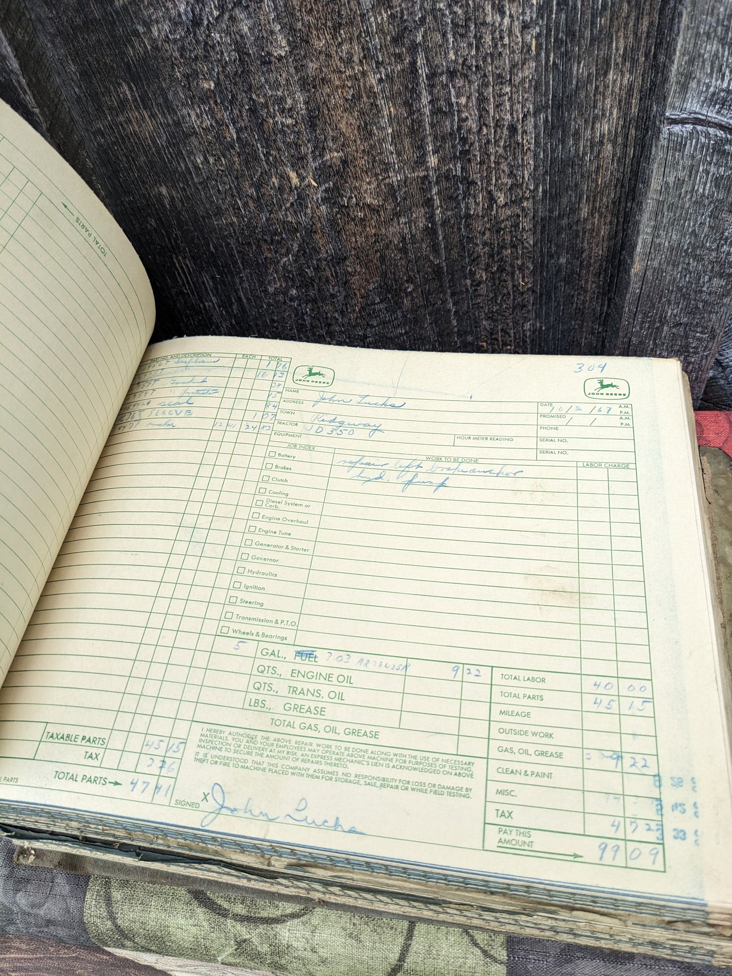 John Deere Tractor Repair Receipt Book from the 1960's