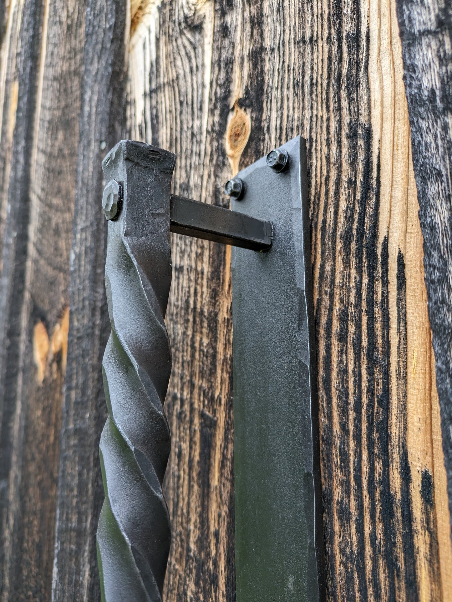 Large Twisted Hand Forged Door Pulls on Sturdy Backplate