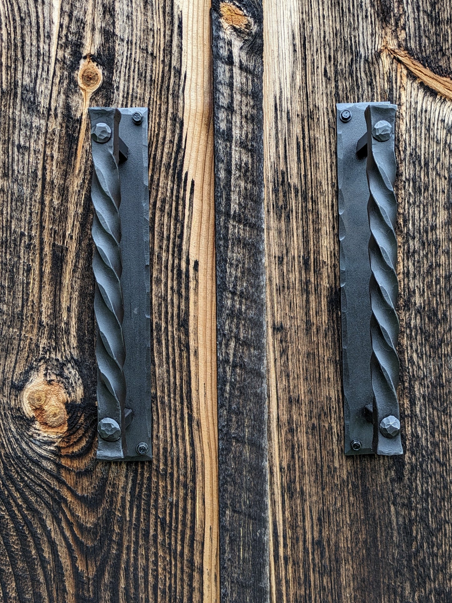 Large Twisted Hand Forged Door Pulls on Sturdy Backplate