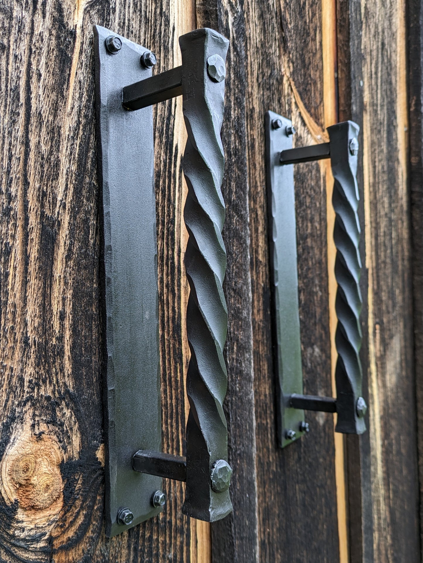 Large Twisted Hand Forged Door Pulls on Sturdy Backplate