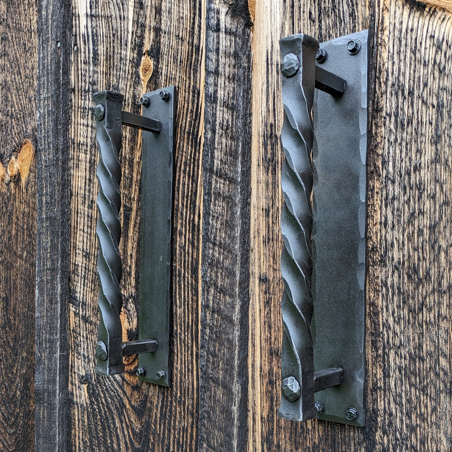 Large Twisted Hand Forged Door Pulls on Sturdy Backplate