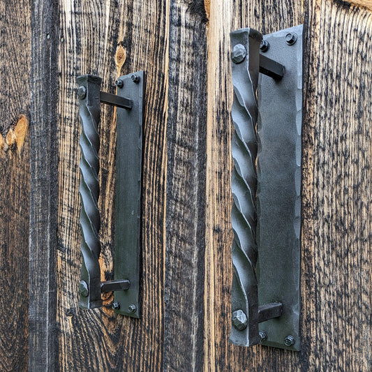 Large Twisted Hand Forged Door Pulls on Sturdy Backplate