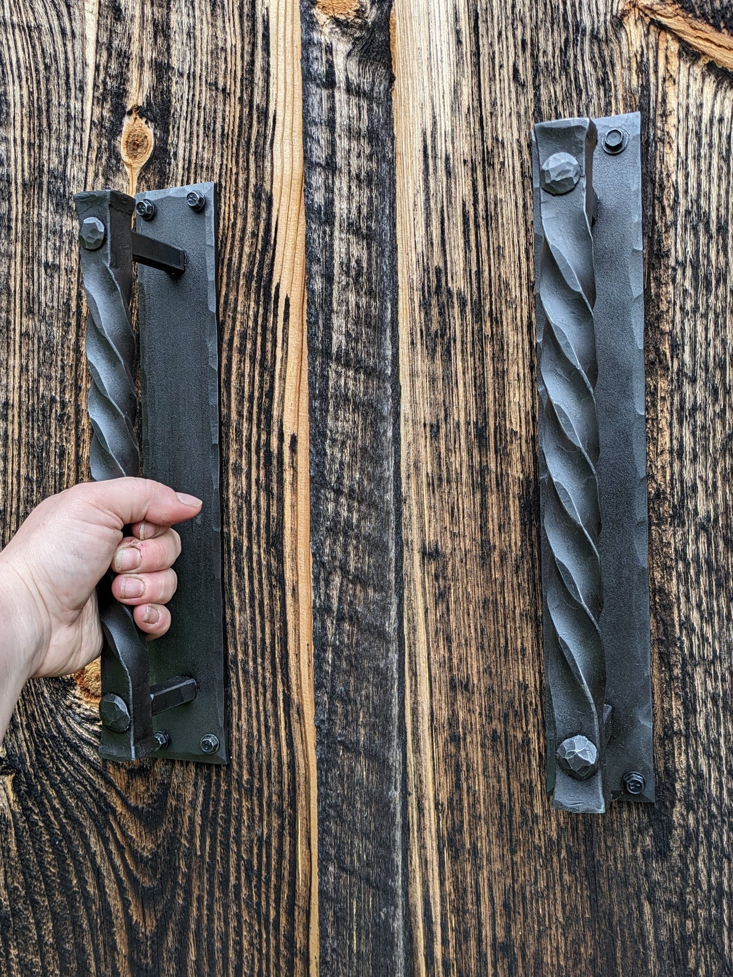 Large Twisted Hand Forged Door Pulls on Sturdy Backplate