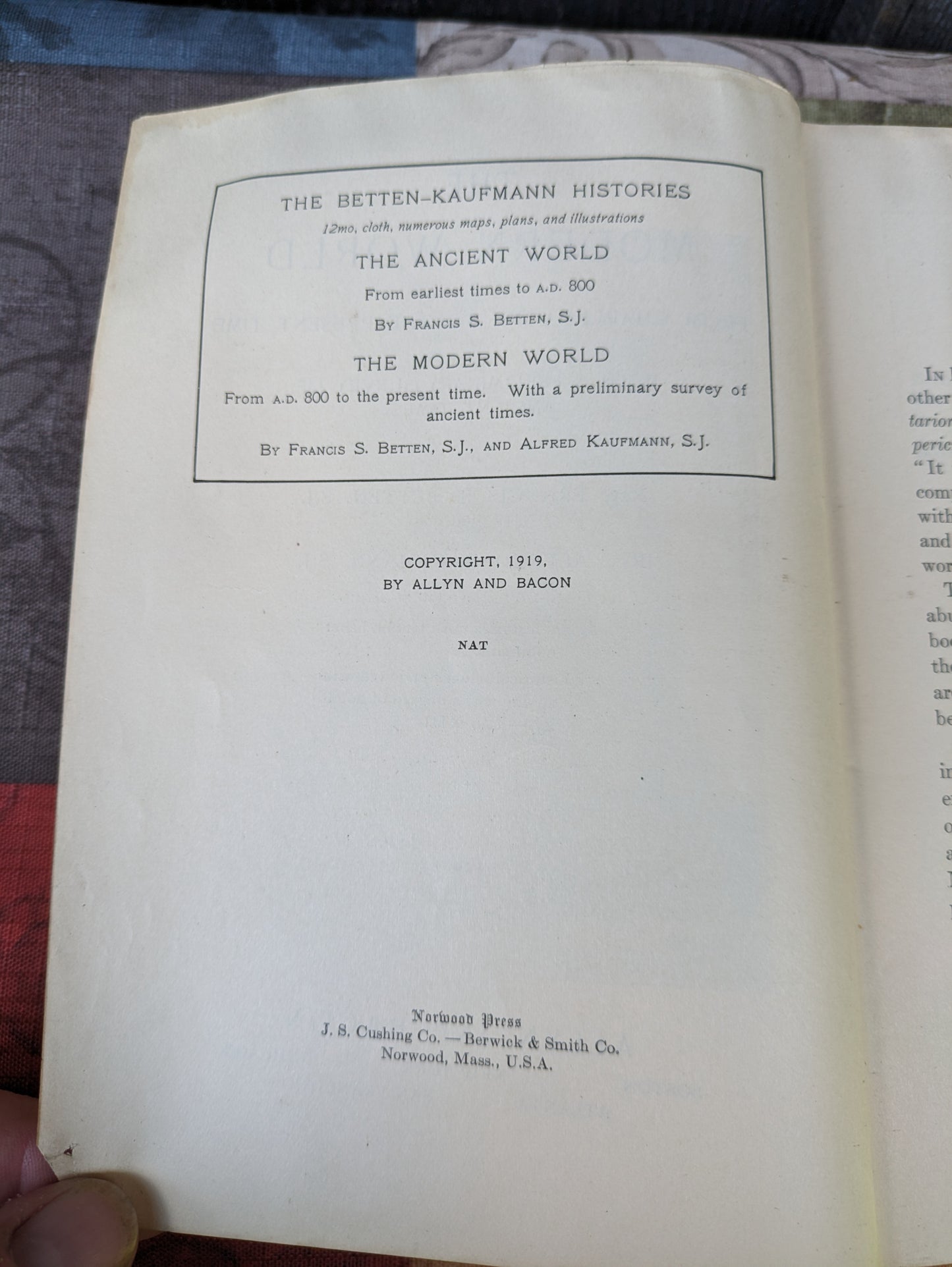 Antique edition of The Modern World from Charlemagne to the Present Time, by Betten and Kaufmann