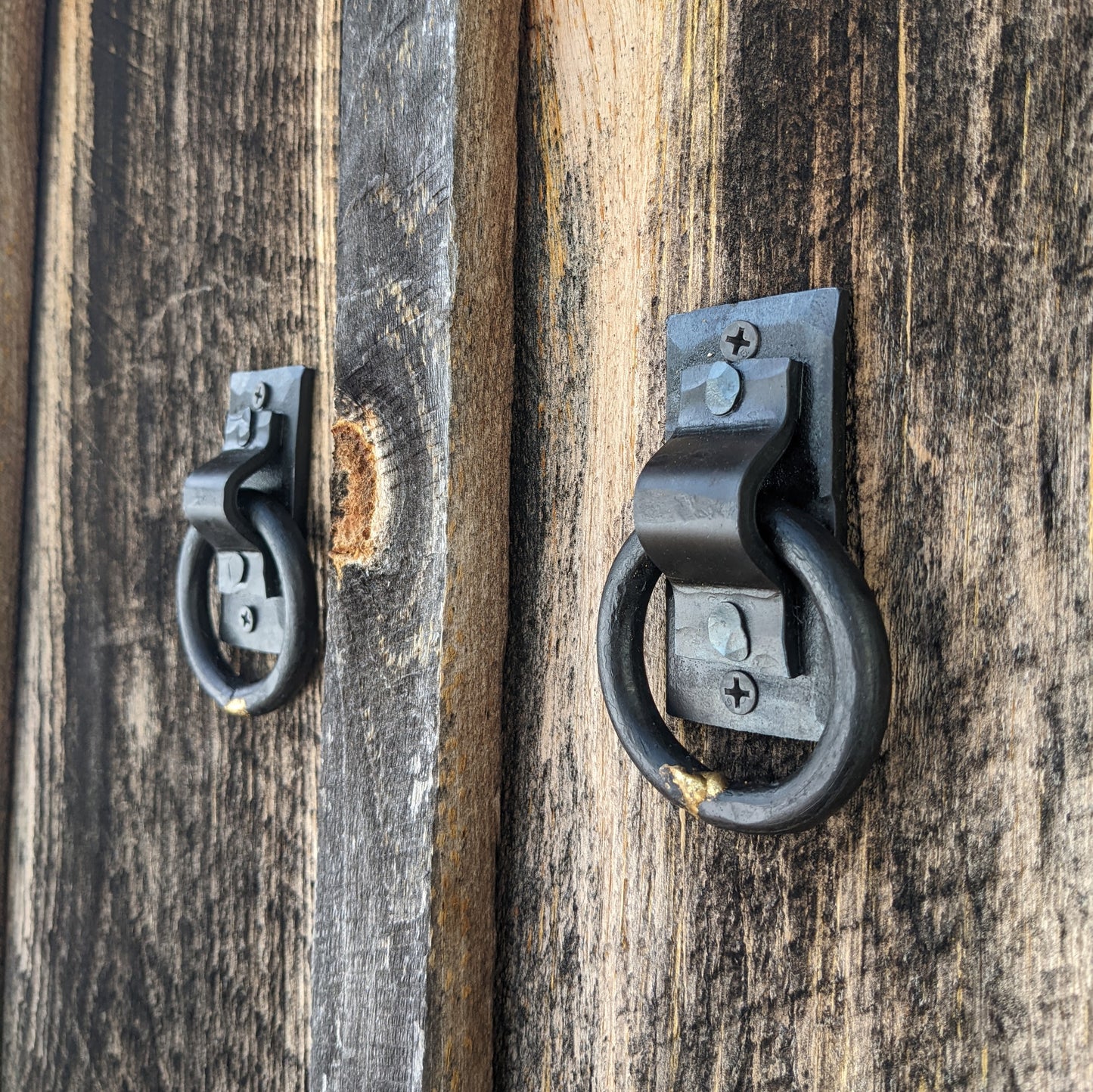 Set of 2 Small Brazed Round Ring Hand Forged Handles, Door Pulls, Trunk Handles, Tie Downs