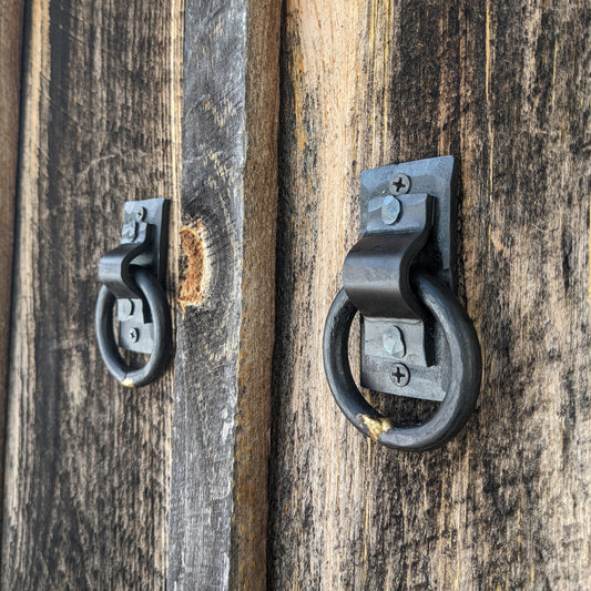 Set of 2 Small Brazed Round Ring Hand Forged Handles, Door Pulls, Trunk Handles, Tie Downs