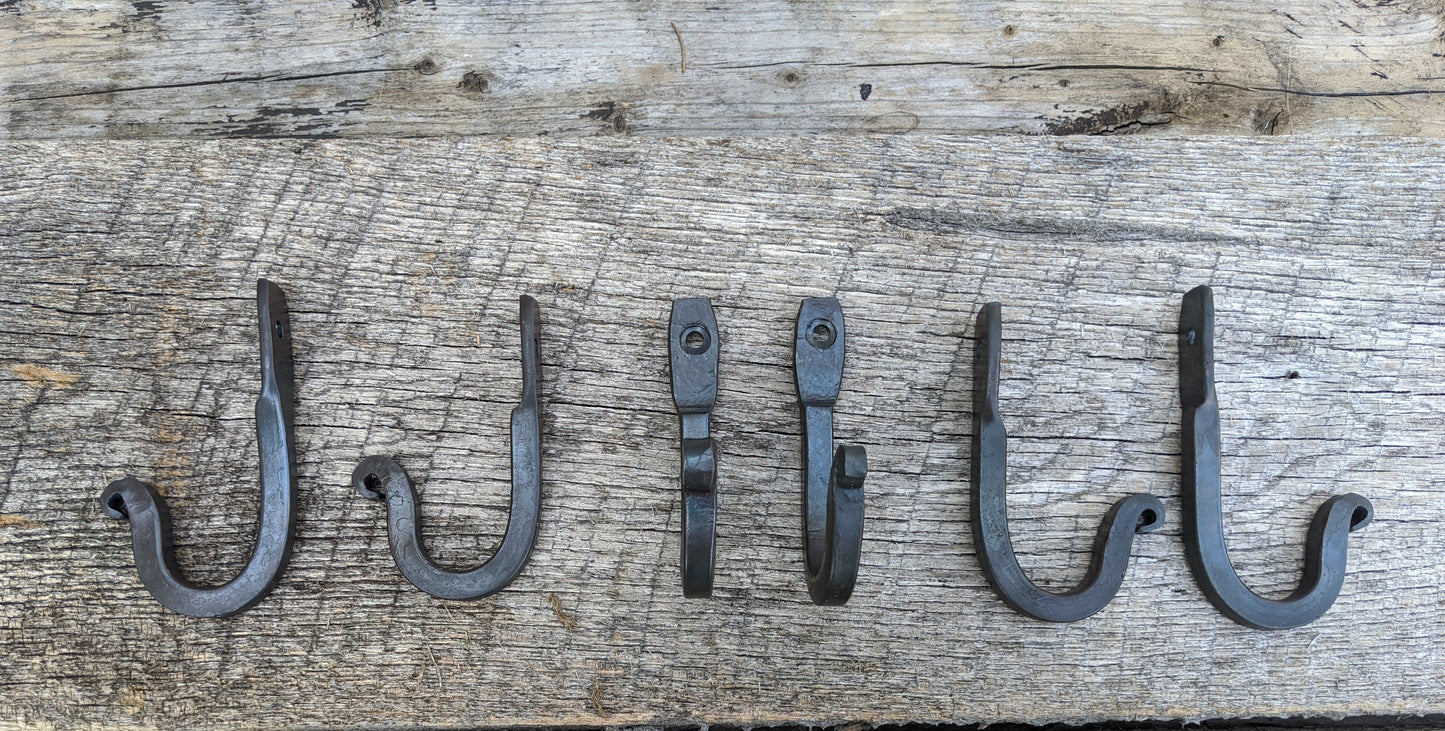 Set of Six Hand Forged Hooks with Scrolled Ends. Vintage/Antique Wrought Iron Look