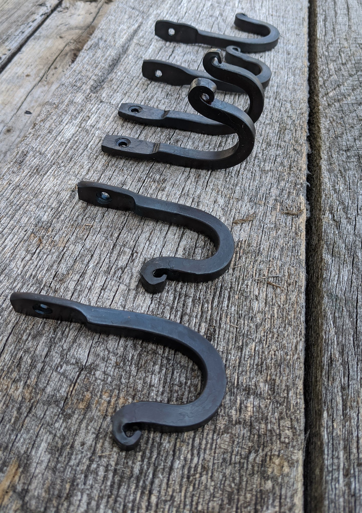 Set of Six Hand Forged Hooks with Scrolled Ends. Vintage/Antique Wrought Iron Look
