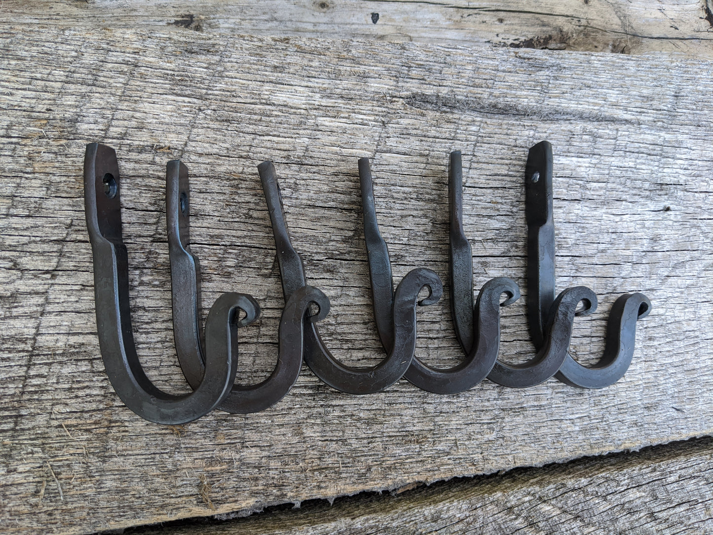 Set of Six Hand Forged Hooks with Scrolled Ends. Vintage/Antique Wrought Iron Look
