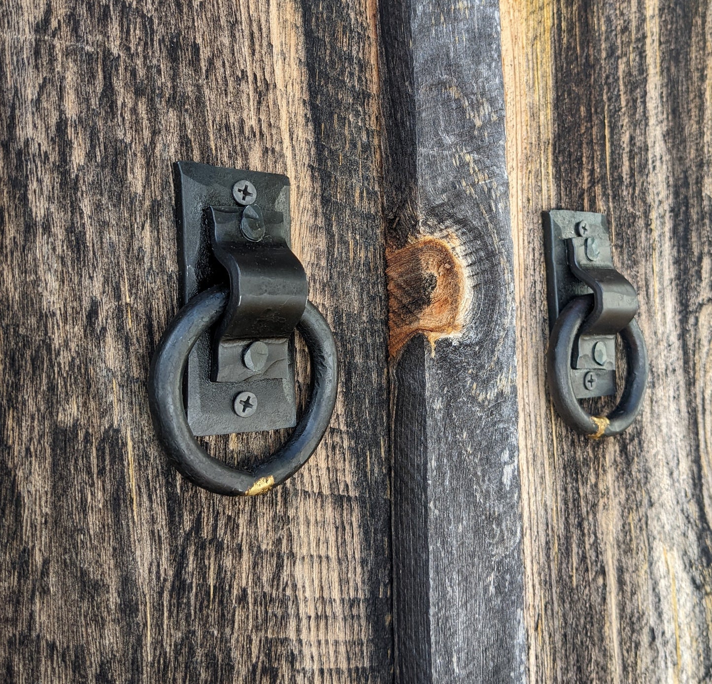 Set of 2 Small Brazed Round Ring Hand Forged Handles, Door Pulls, Trunk Handles, Tie Downs
