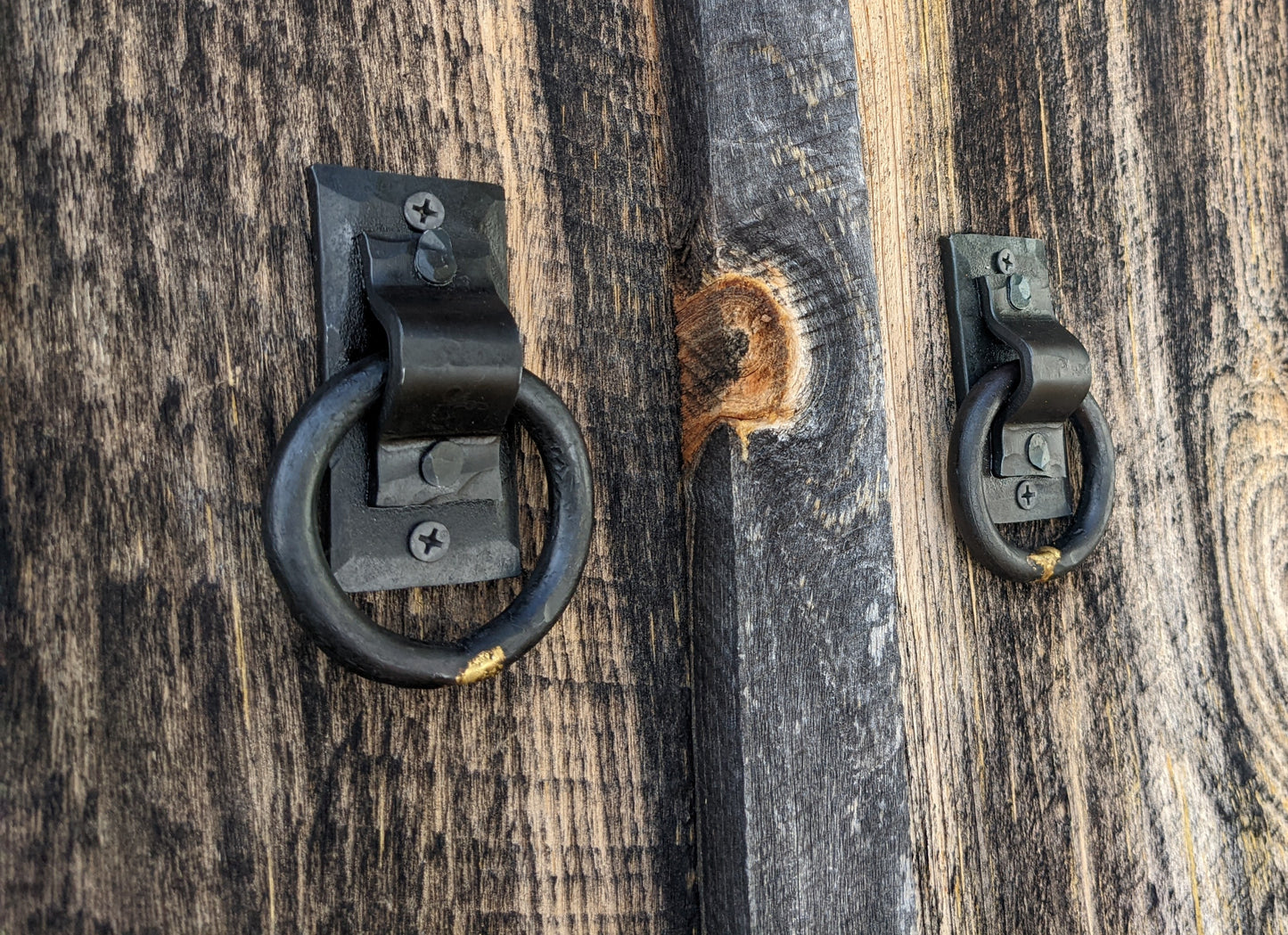 Set of 2 Small Brazed Round Ring Hand Forged Handles, Door Pulls, Trunk Handles, Tie Downs