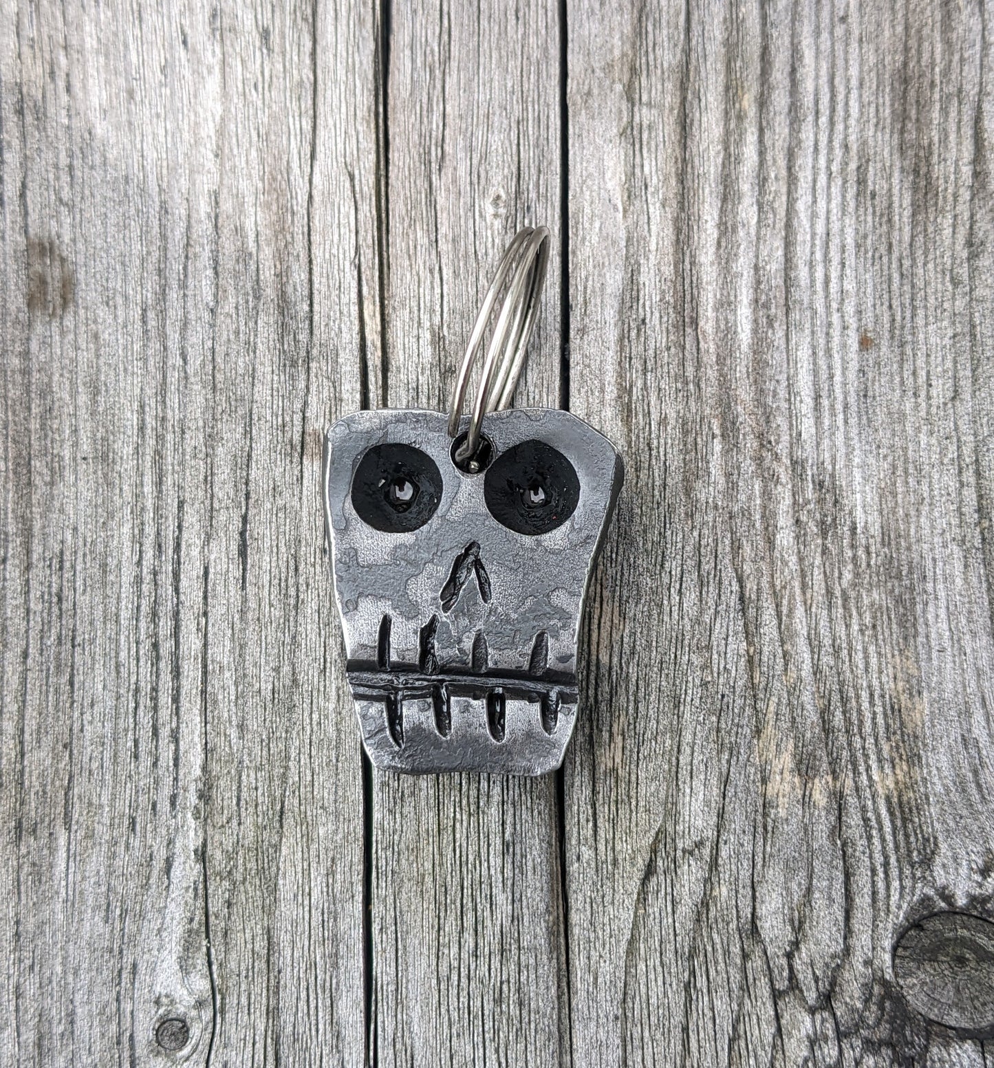 Hand Forged Steel Skull Keychain