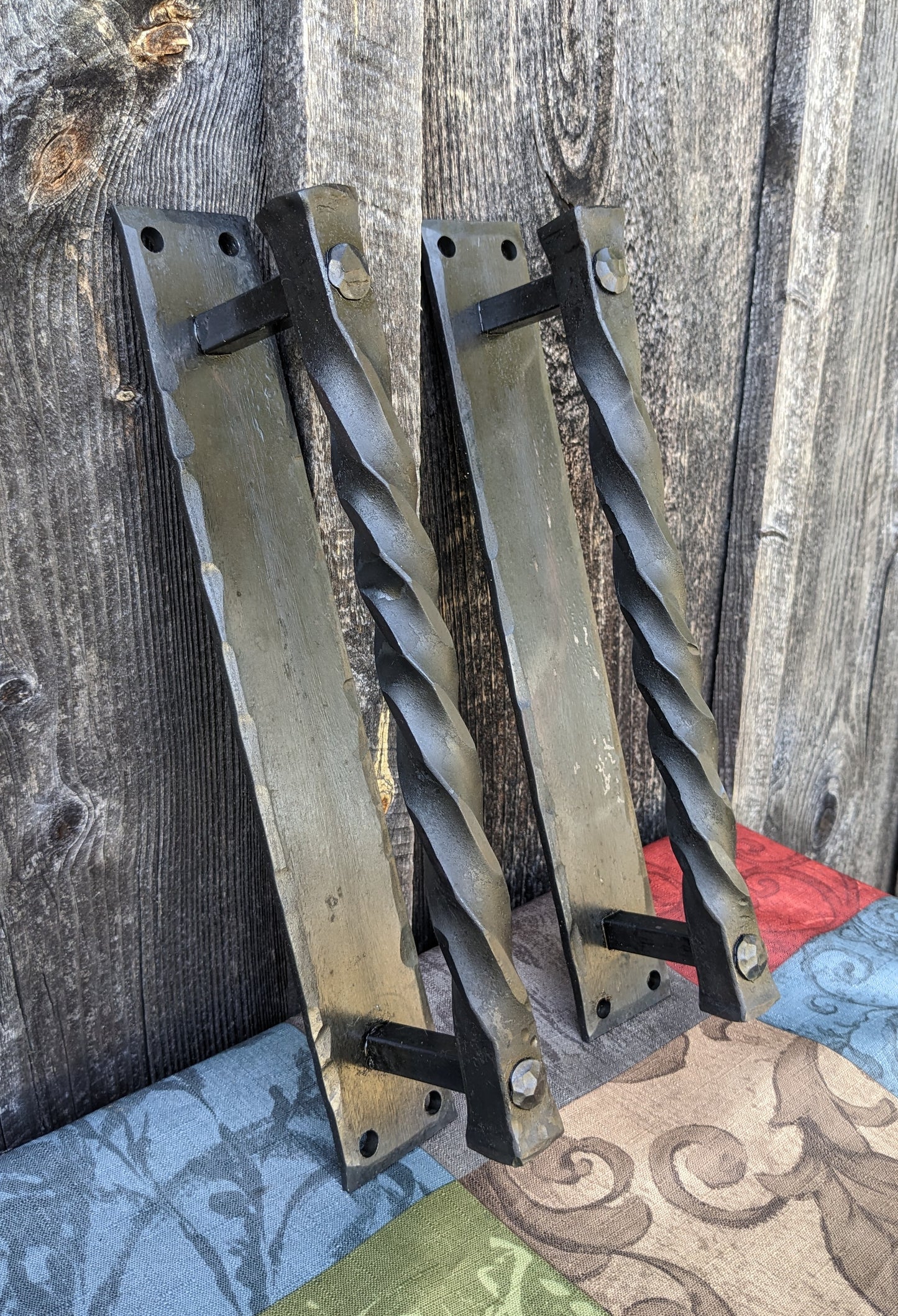 Large Twisted Hand Forged Door Pulls on Sturdy Backplate