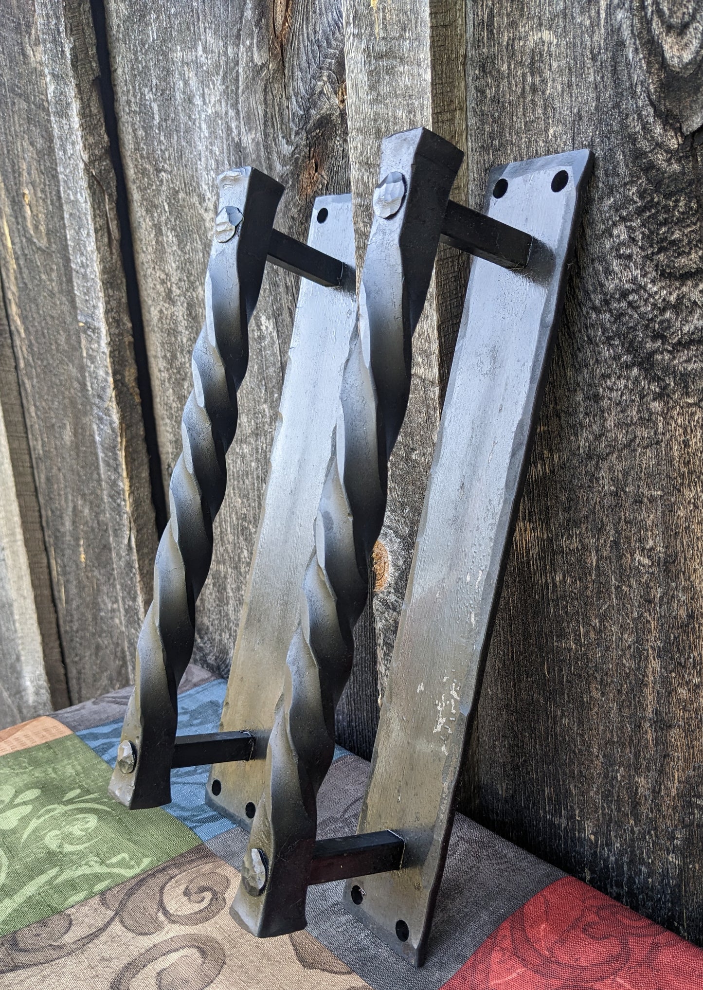 Large Twisted Hand Forged Door Pulls on Sturdy Backplate