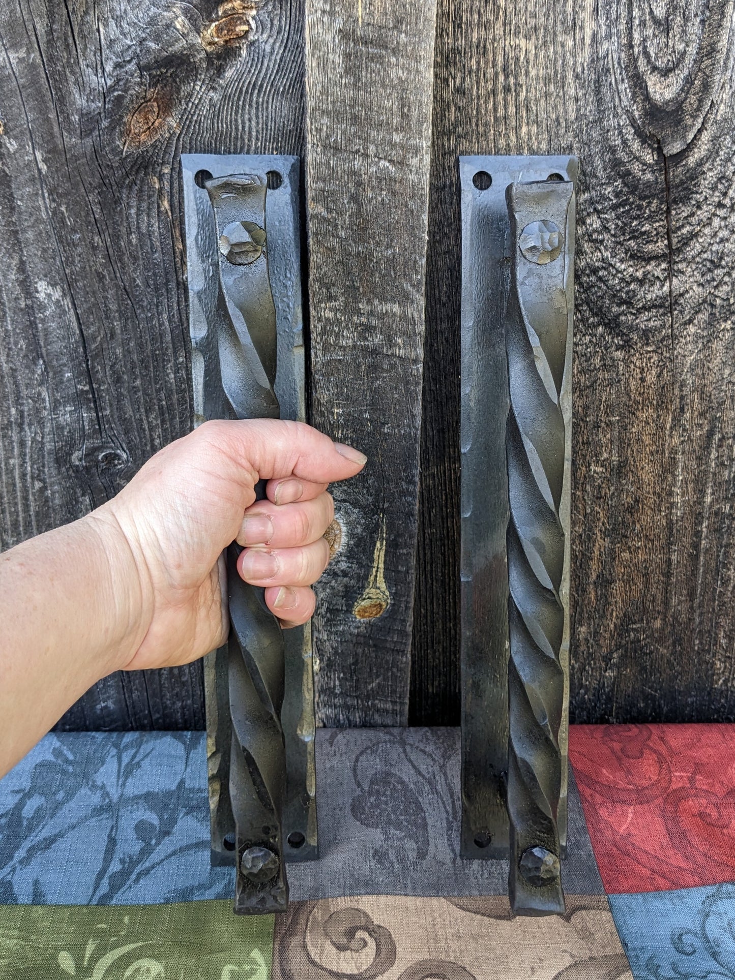 Large Twisted Hand Forged Door Pulls on Sturdy Backplate