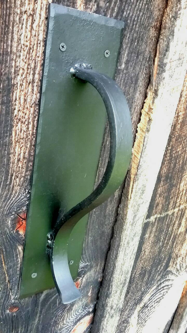 Large Gracefully Curved Blacksmith Made Door Pulls on Sturdy Backplate