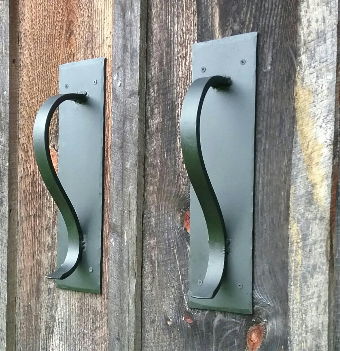 Large Gracefully Curved Blacksmith Made Door Pulls on Sturdy Backplate