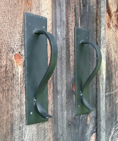Large Gracefully Curved Blacksmith Made Door Pulls on Sturdy Backplate