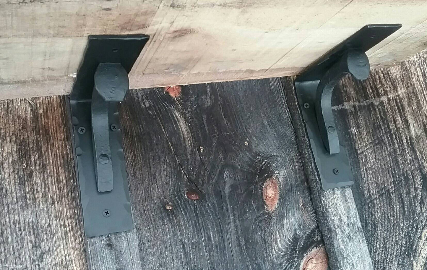 Set of 2 Hand Forged Blacksmith Made Wall Shelf Brackets Made with Real Railroad Spikes- heavy duty for books and more!