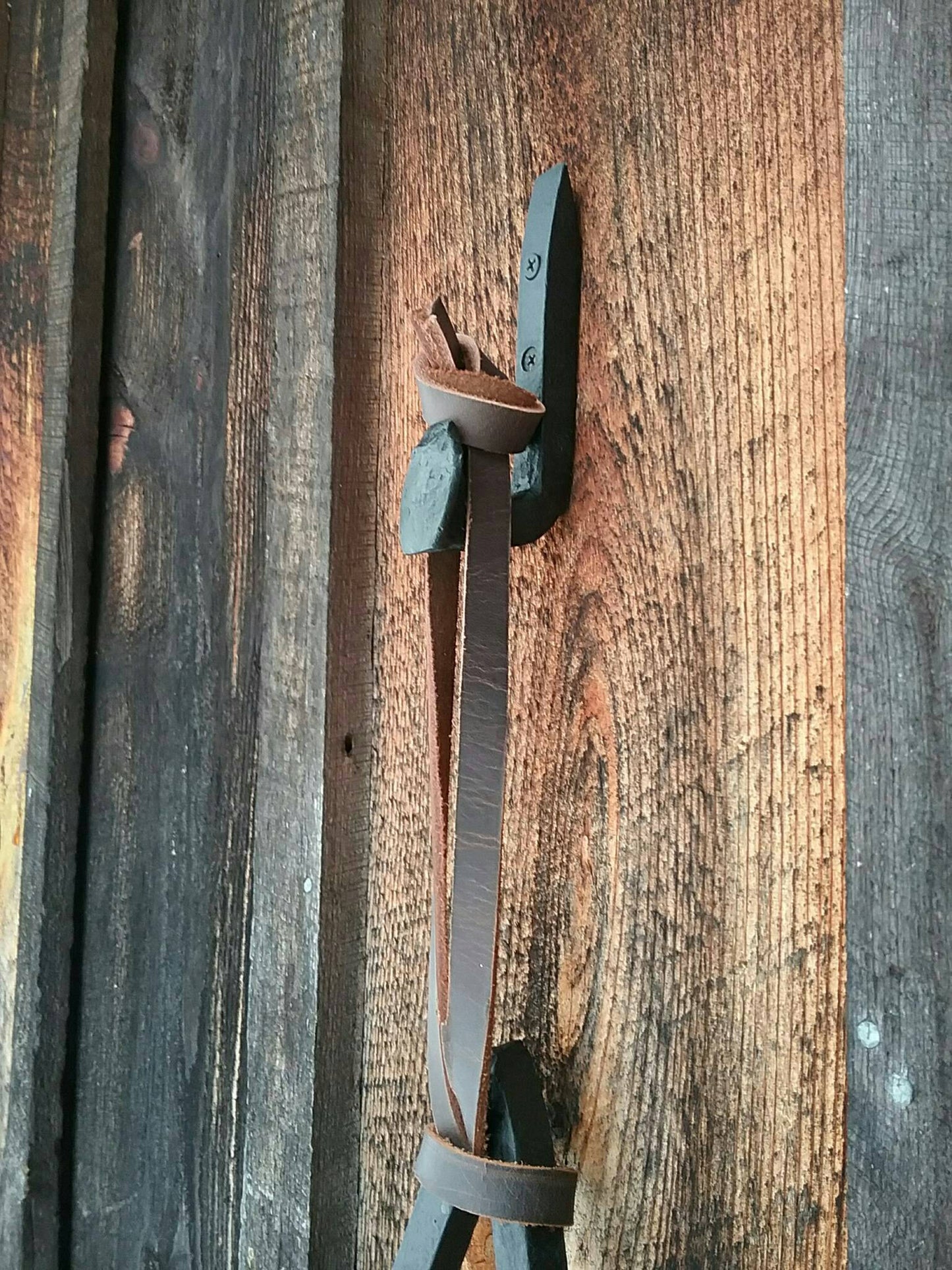 Rustic Repurposed Railroad Spike Barn Star. Three Piece Set Includes Railroad Spike Hook and Amish Harness Leather Strap