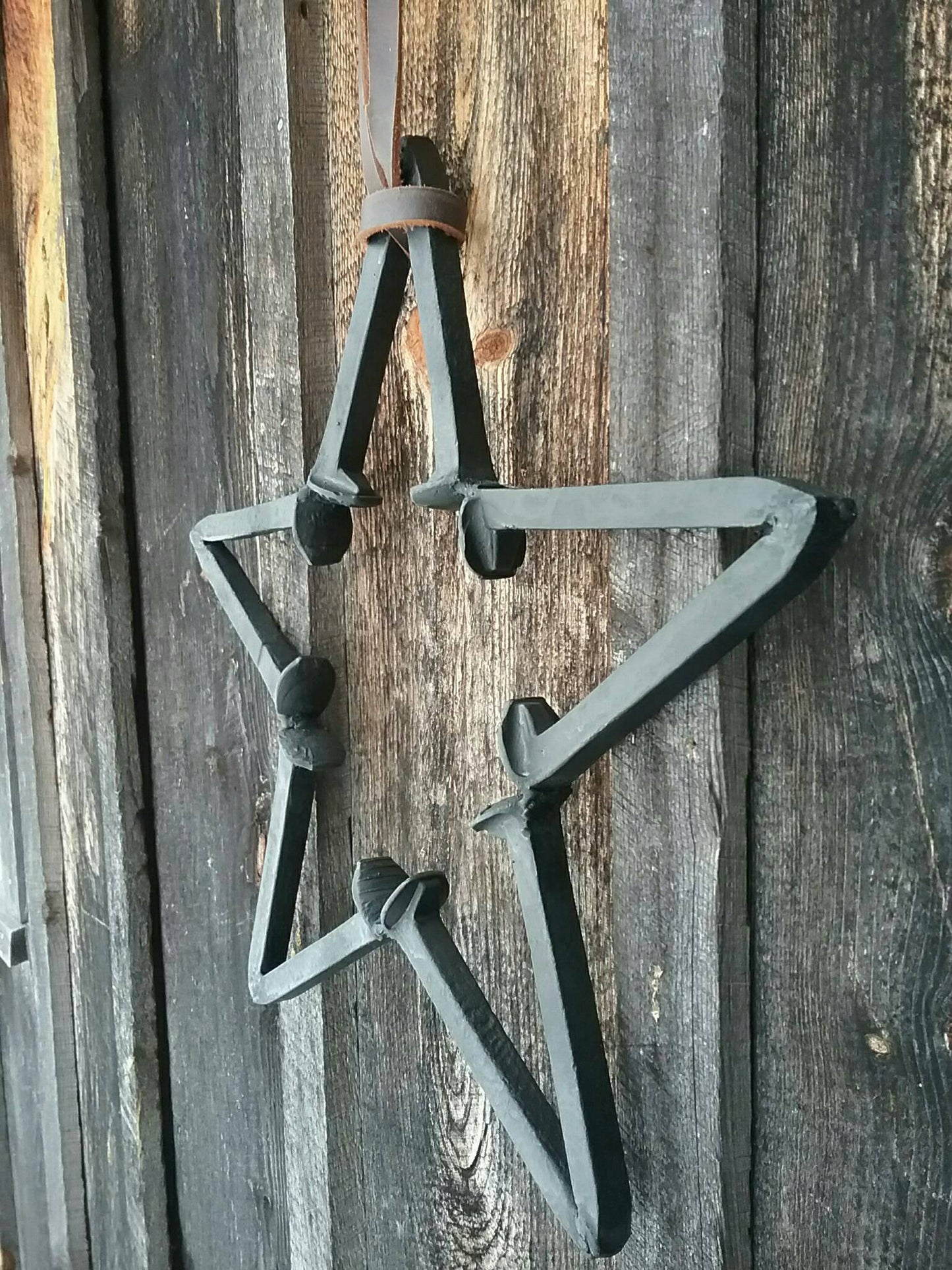 Rustic Repurposed Railroad Spike Barn Star. Three Piece Set Includes Railroad Spike Hook and Amish Harness Leather Strap