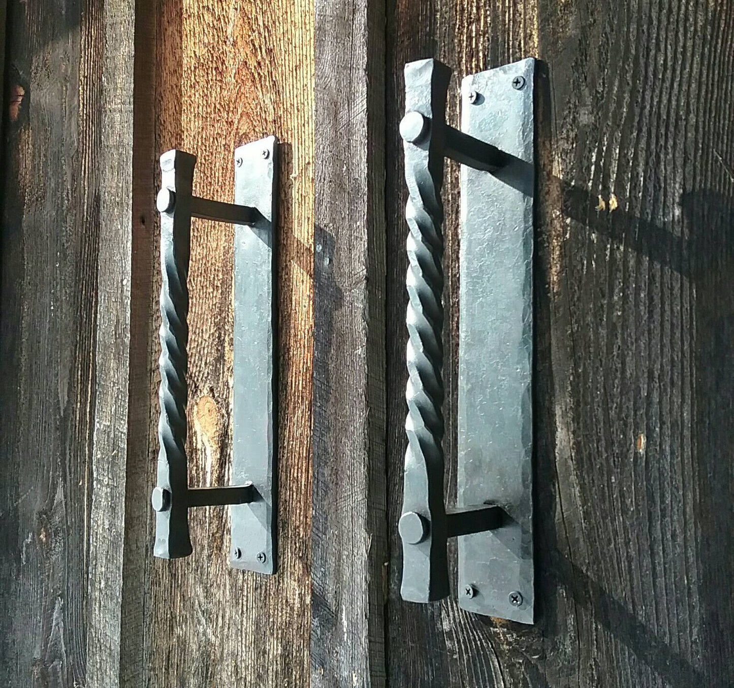 Large Twisted Hand Forged Door Pulls on Sturdy Backplate