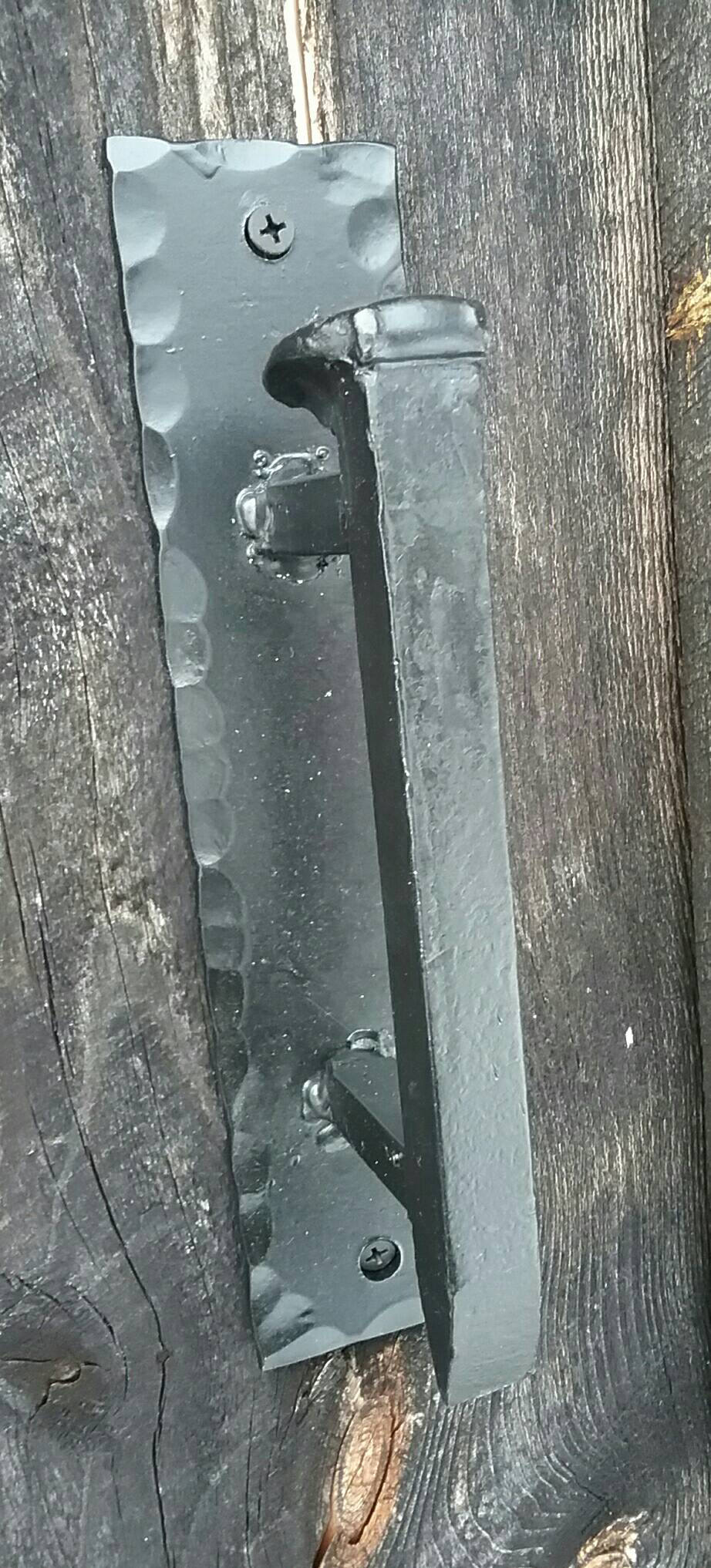 Hand Forged Railroad Spike Door Pulls on Sturdy Backplate