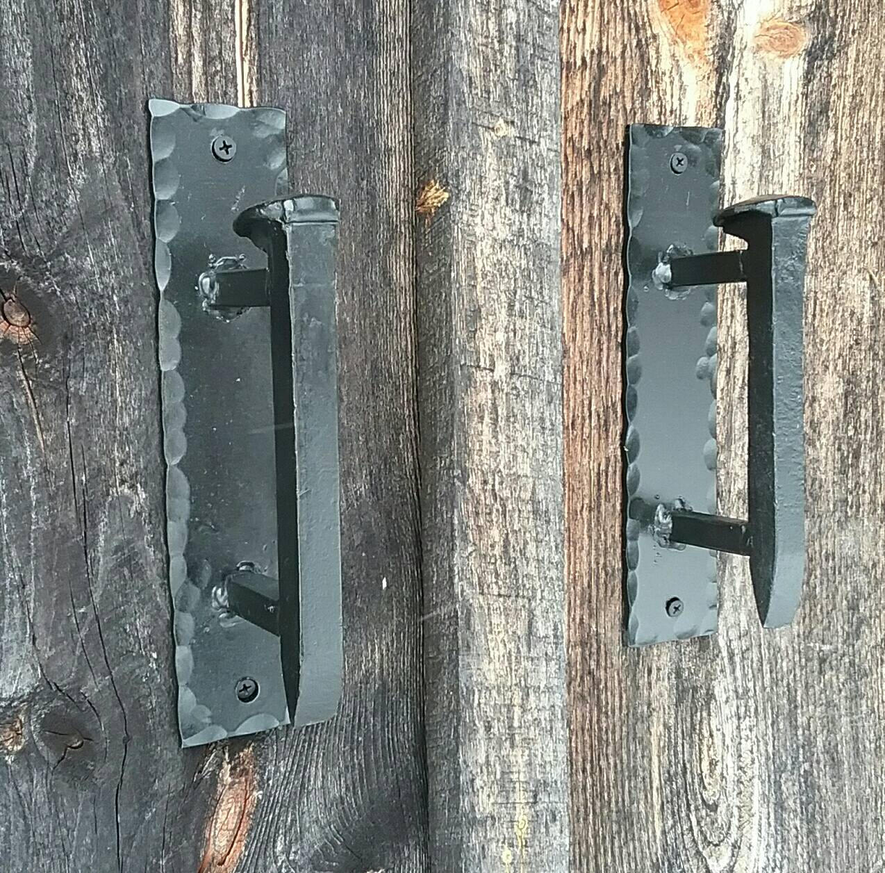 Hand Forged Railroad Spike Door Pulls on Sturdy Backplate