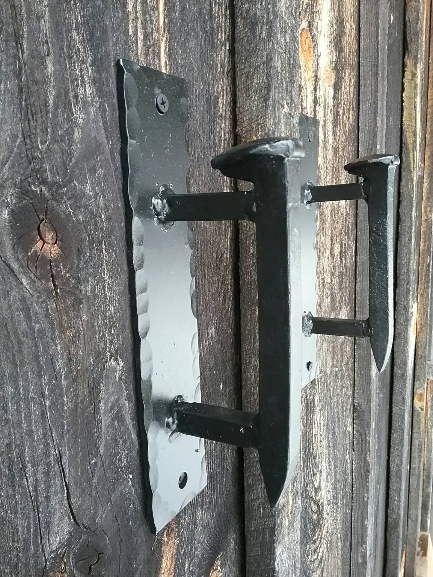 Hand Forged Railroad Spike Door Pulls on Sturdy Backplate