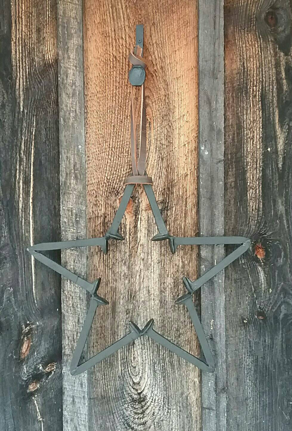 Rustic Repurposed Railroad Spike Barn Star. Three Piece Set Includes Railroad Spike Hook and Amish Harness Leather Strap