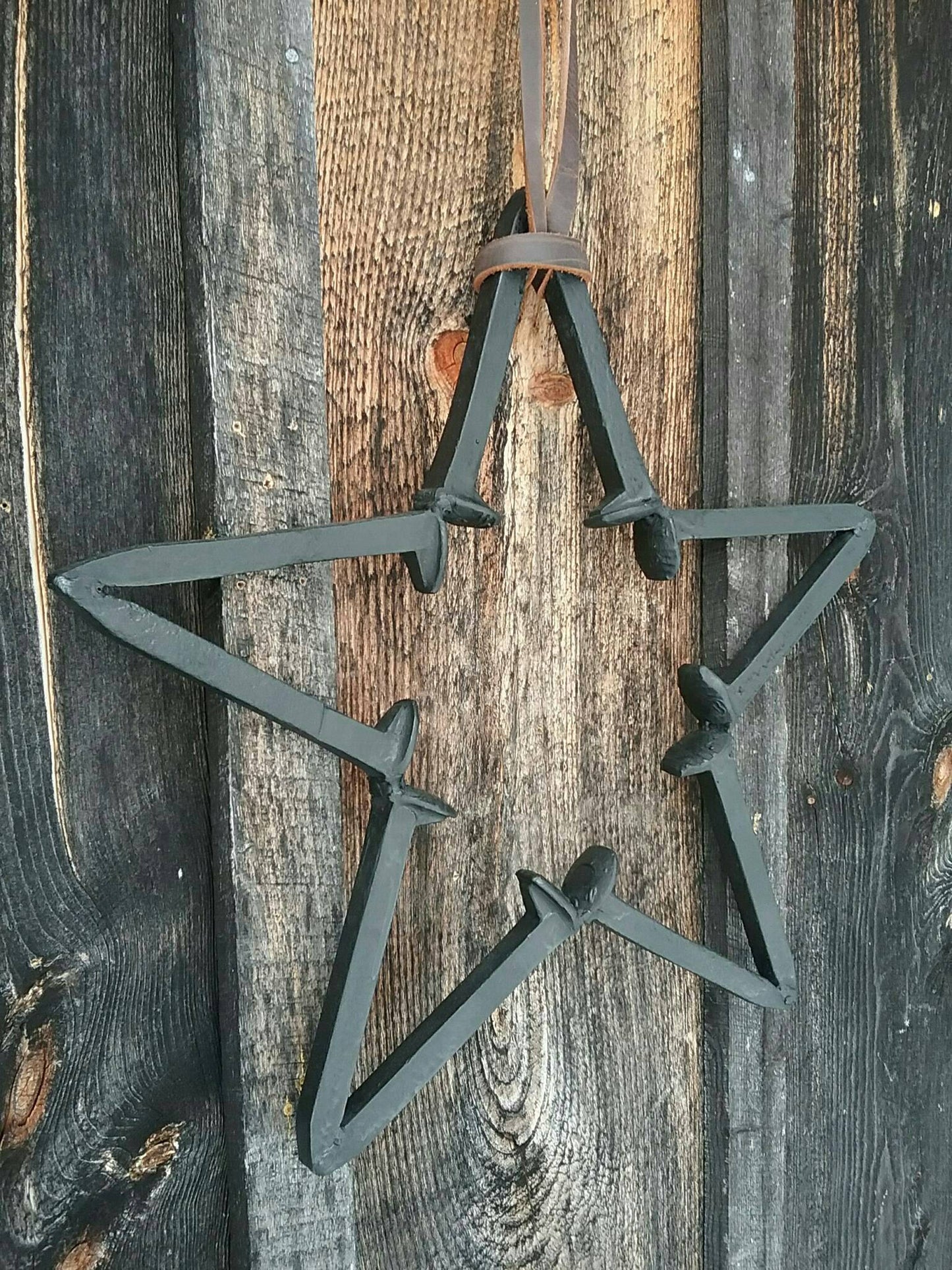 Rustic Repurposed Railroad Spike Barn Star. Three Piece Set Includes Railroad Spike Hook and Amish Harness Leather Strap