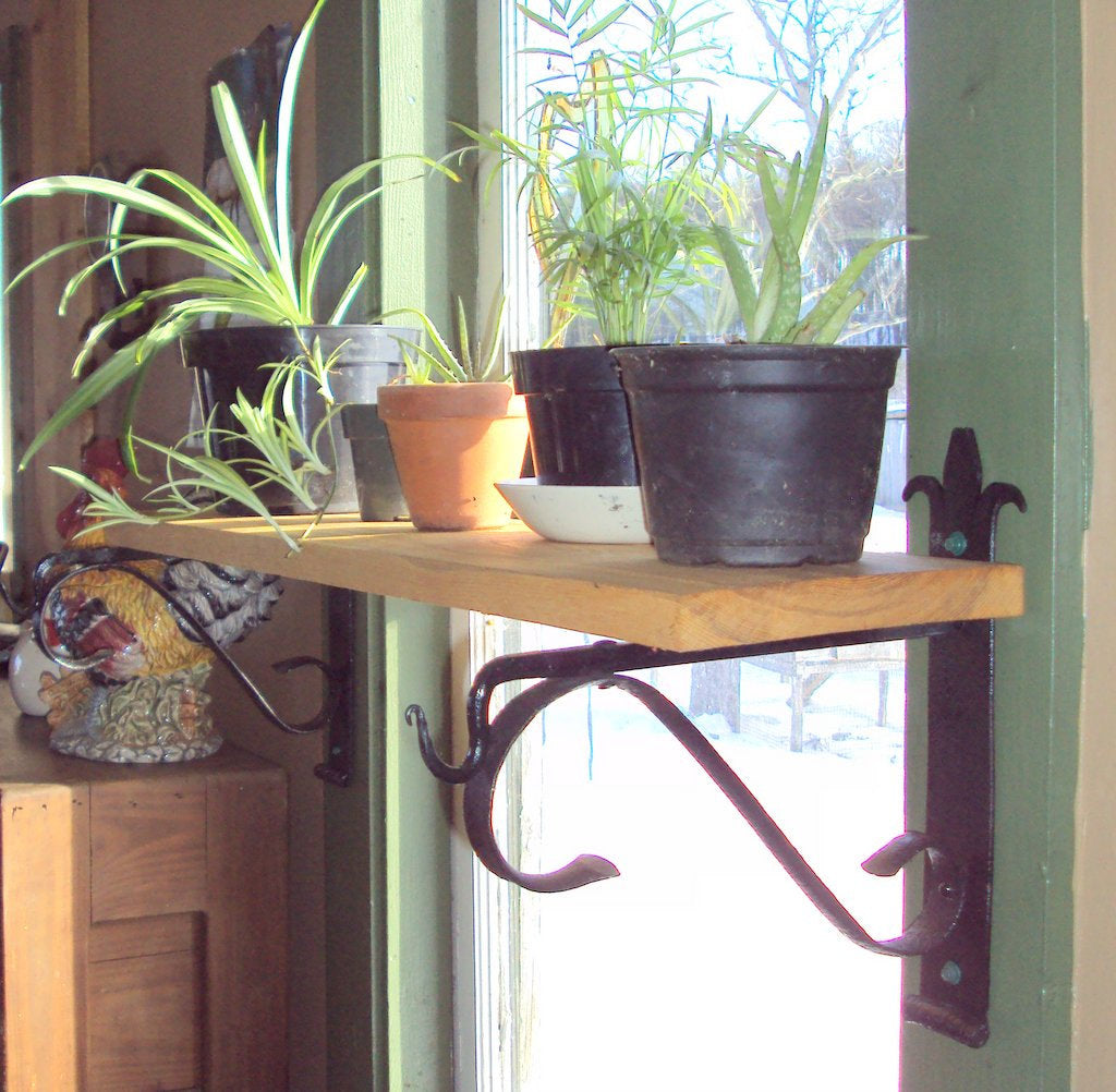 Set of 2 Hand Forged Shelf Wall Brackets with Hooks