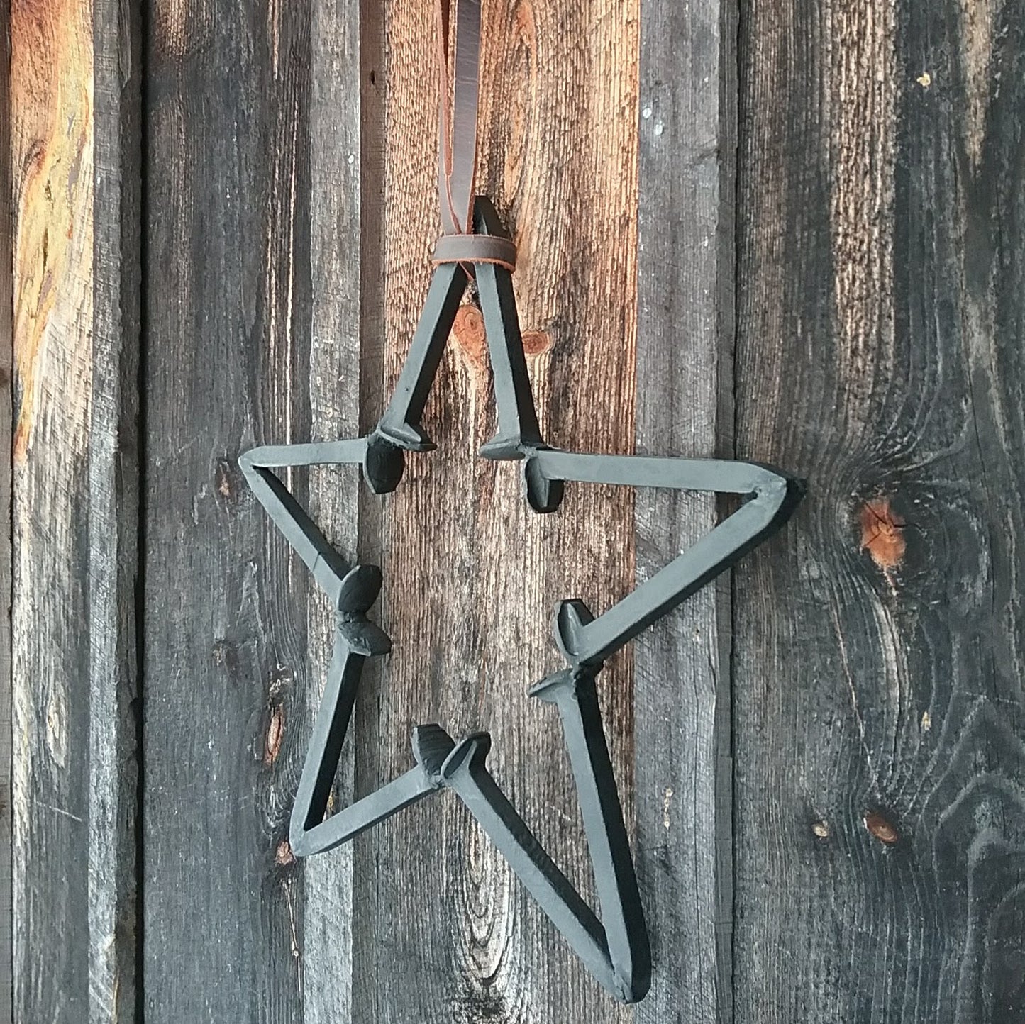 Rustic Repurposed Railroad Spike Barn Star. Three Piece Set Includes Railroad Spike Hook and Amish Harness Leather Strap