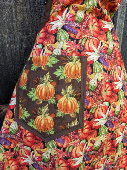Bountiful Harvest Handmade Apron with Pumpkins, Gourds and Corn