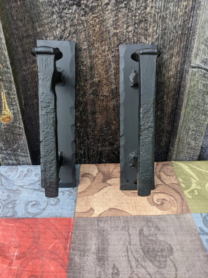 Hand Forged Railroad Spike Door Pulls on Sturdy Backplate