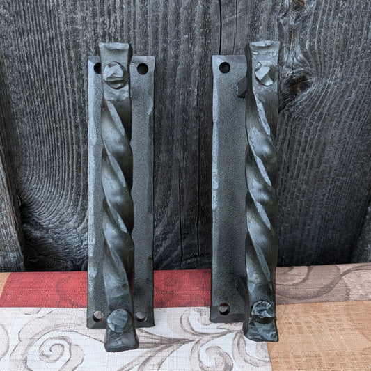 Set of 2 Hand Forged Twisted Handles on Backplate, 6.25" Size