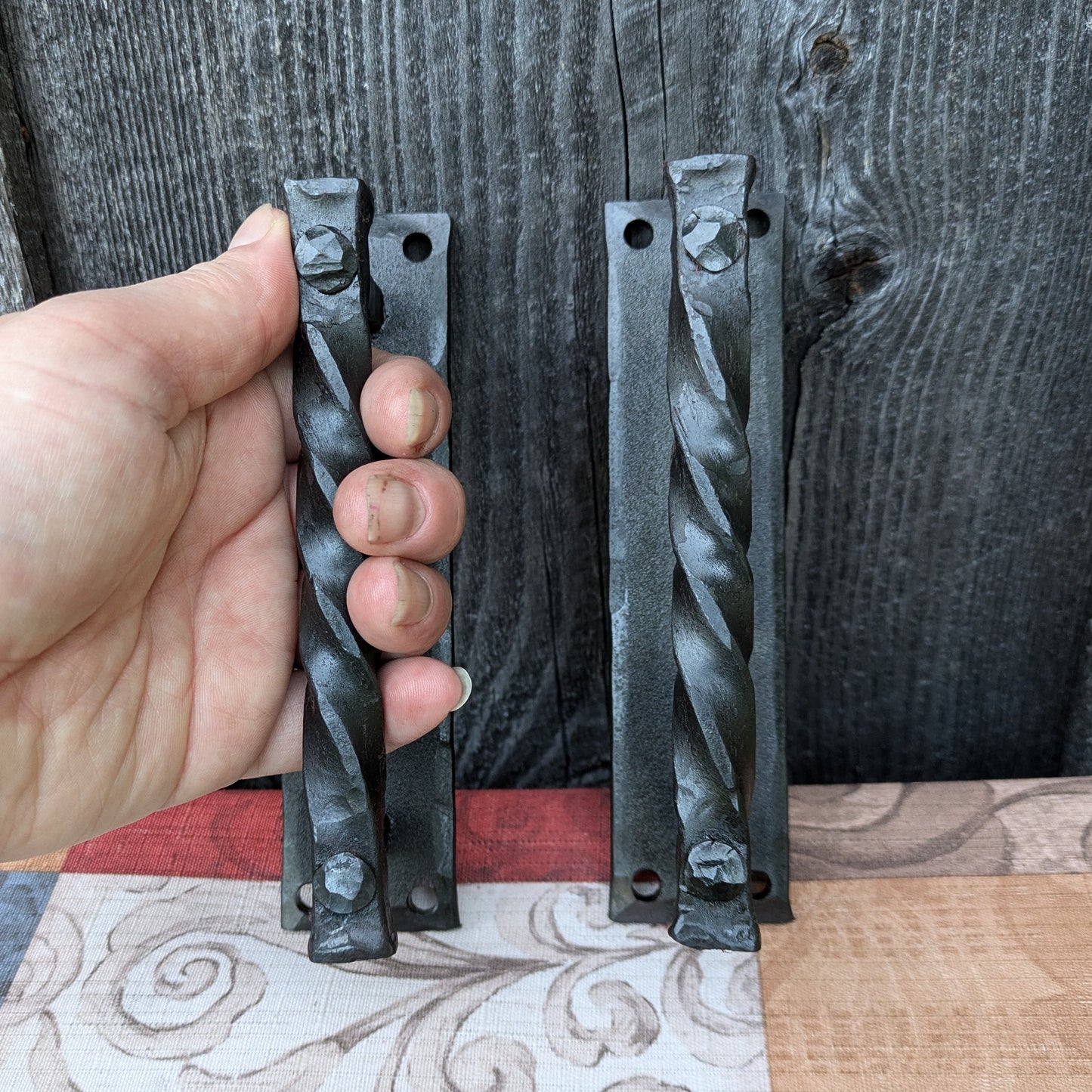 Set of 2 Hand Forged Twisted Handles on Backplate, 6.25" Size